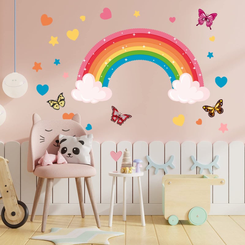 Saffica Glow in The Dark Large Rainbow Wall Decals Removable Star Butterfly Heart Sticker Glowing Rainbow Wallpaper Watercolor Vinyl Sticker for Nursery Teen Bedroom Decoration - Image 3
